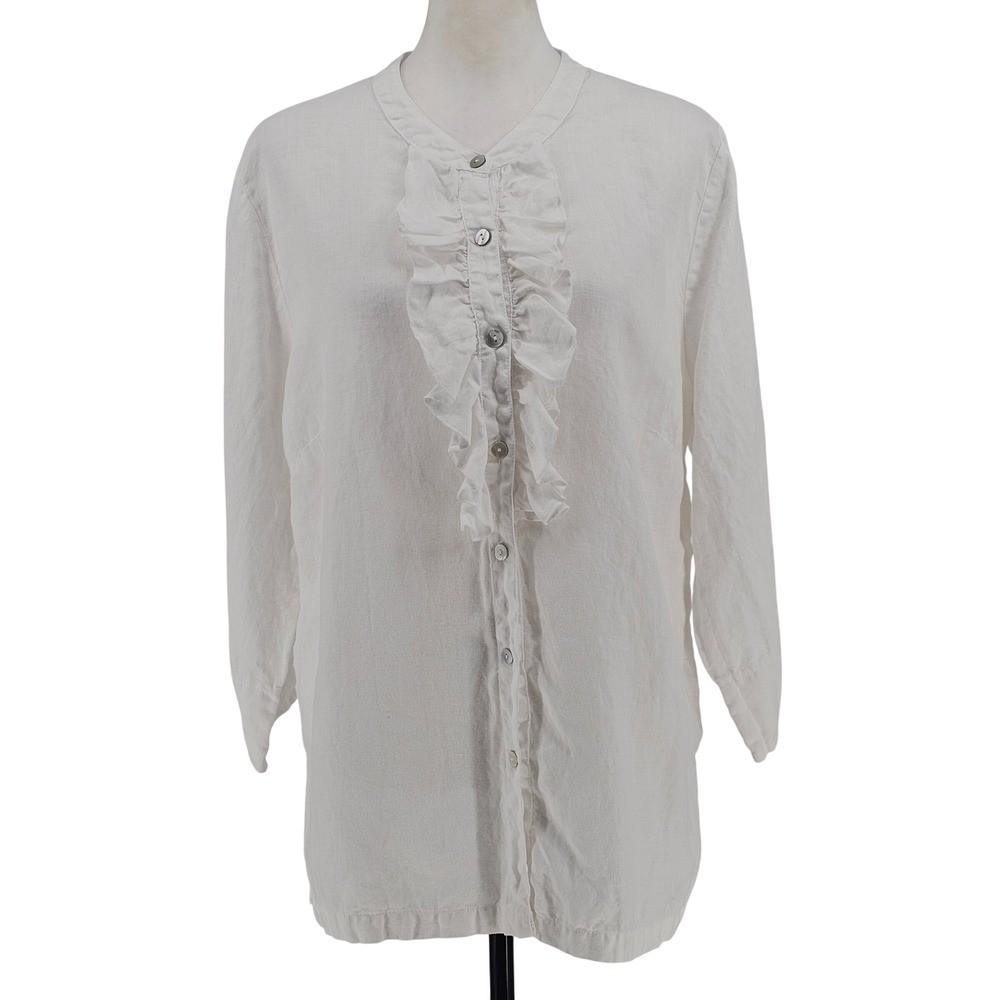 Russ Berens Linen Tunic Top L White Ruffle Front Coastal Grandma Boho Resort